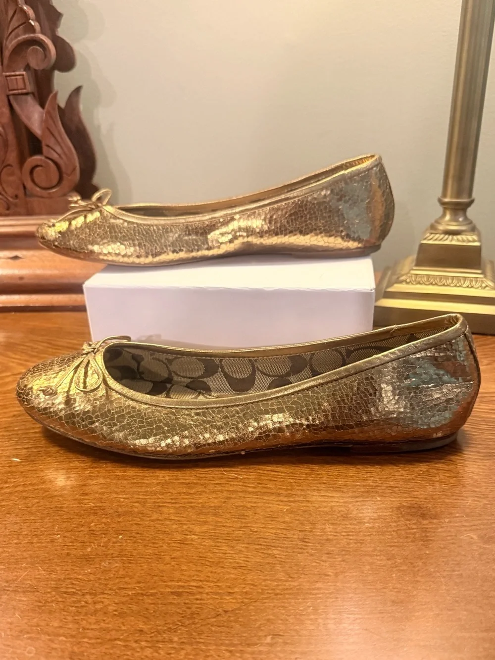 Coach Lonnie Metallic Gold Crackle Ballet Flats with Bow Size 10